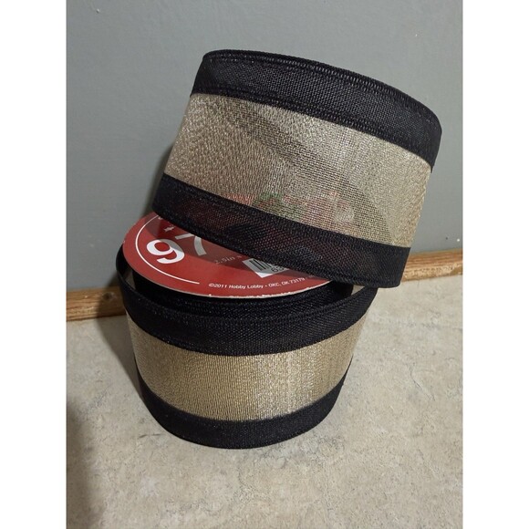 NEW 3 jumbo rolls wired edge ribbon 2.5" x 60” gold metallic sheer Black Lot 3 - Picture 3 of 6